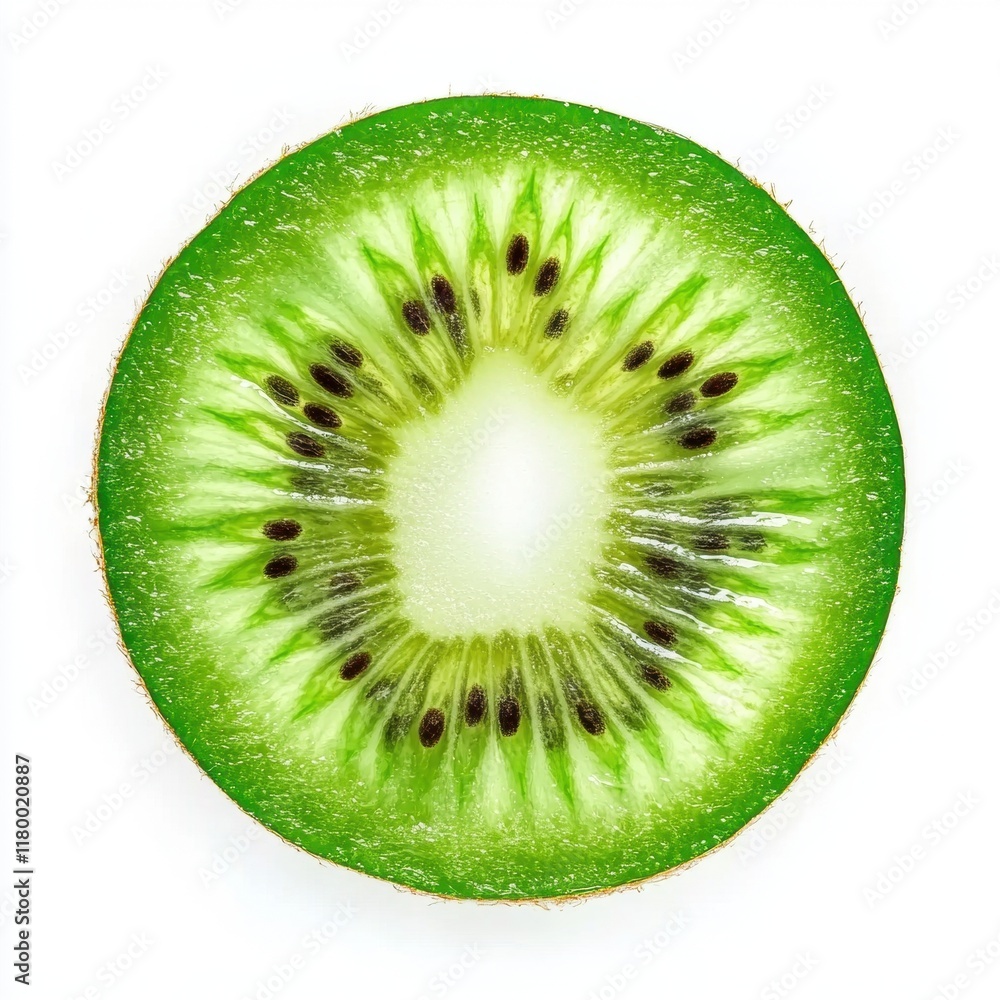 Vibrant slice of kiwi fruit showcasing its bright green flesh and dark seeds. Vibrant slice of kiwi fruit showcasing its bright green flesh and dark seeds.