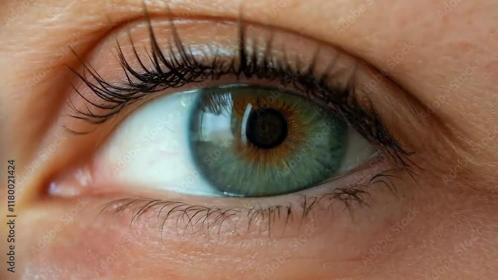 Woman opening eye showing green iris and pupil dilation Woman opening eye showing green iris and pupil dilation