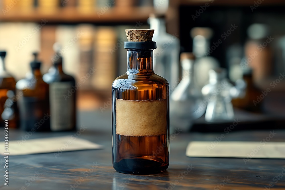 Magic potion in glass bottle on a dark background. Toned. Magic potion in glass bottle on a dark background. Toned.