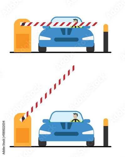 Car in Front of Open and Closed Gate Barrier. Transportation means, parking vehicles and urban scenes concept vector art