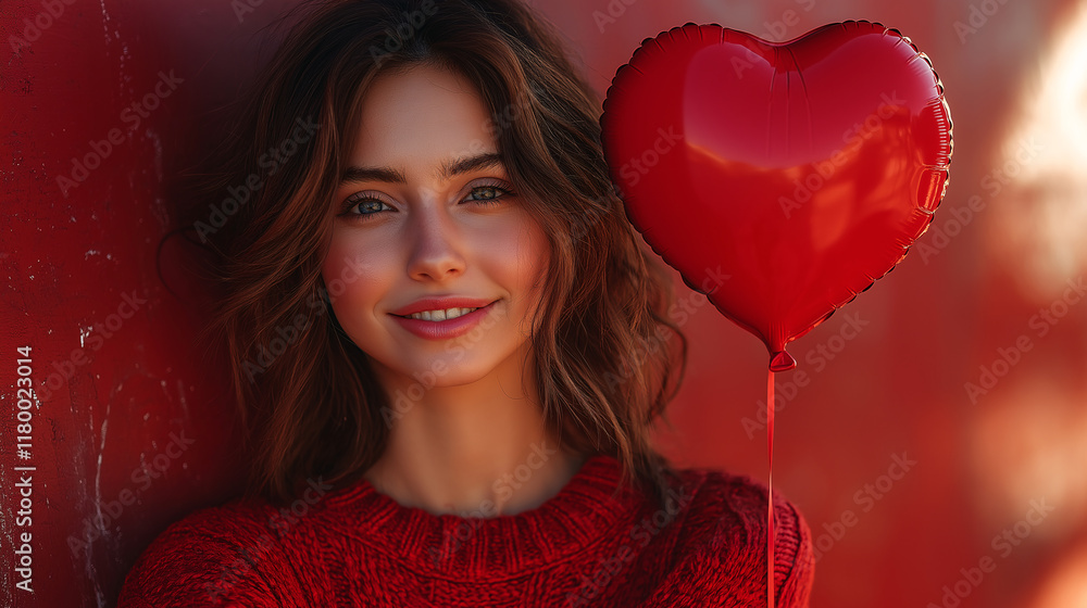 A woman is holding a red heart balloon A woman is holding a red heart balloon