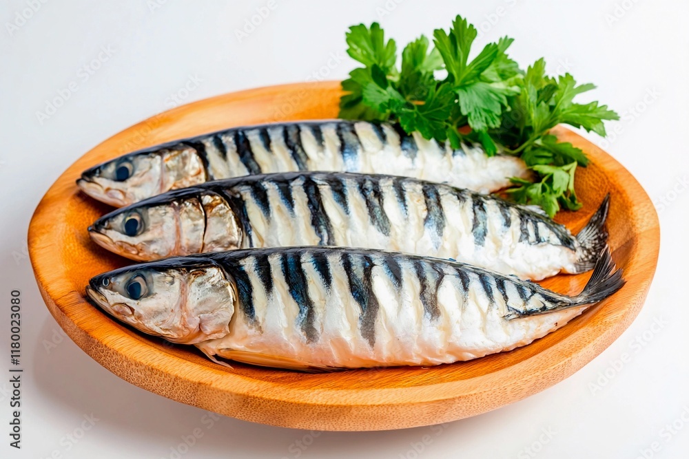 Freshly caught mackerel displayed on a wooden platter with vibrant green parsley Freshly caught mackerel displayed on a wooden platter with vibrant green parsley