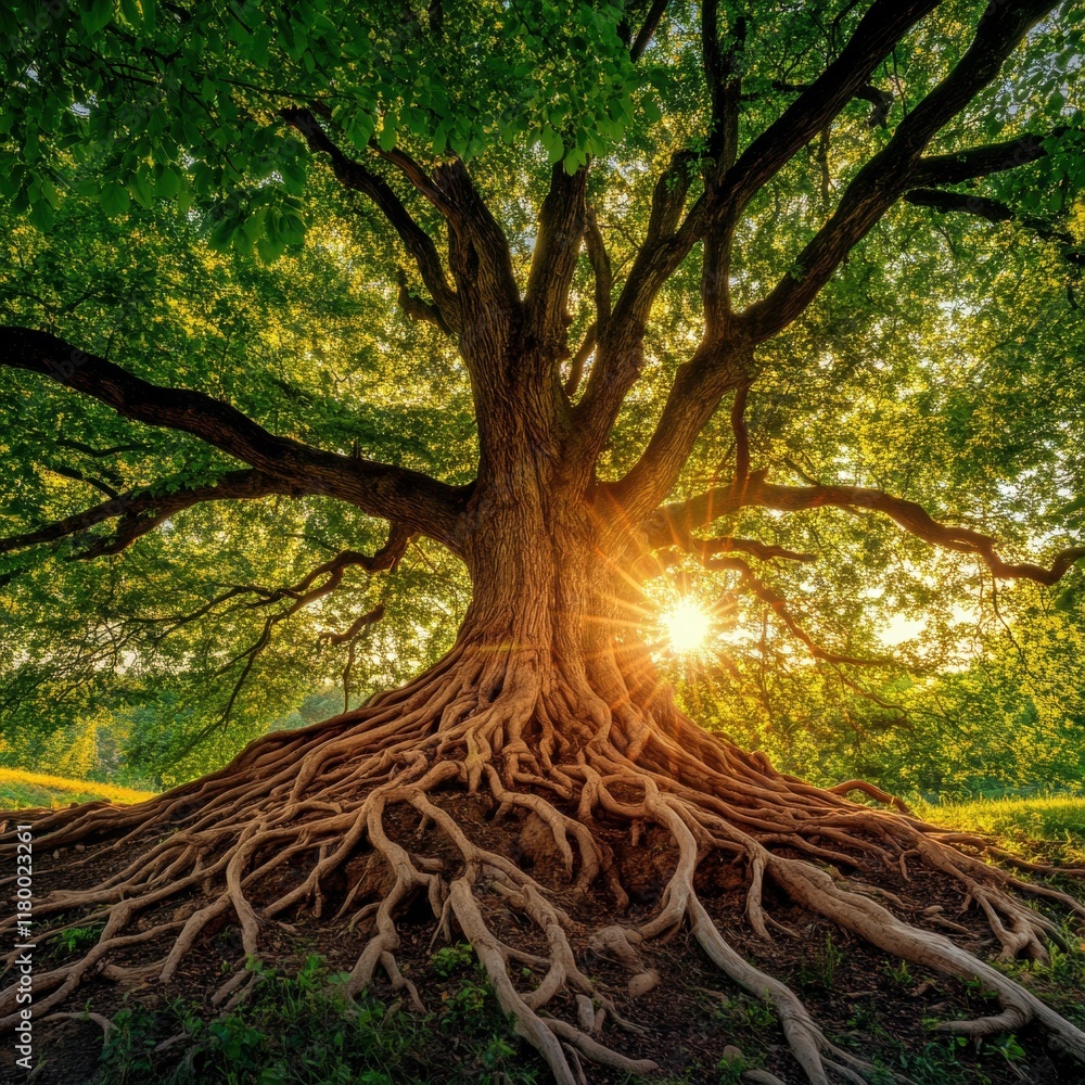 Fototapeta premium Majestic tree with sprawling roots illuminated by the golden sunrise, creating a serene natural scene.