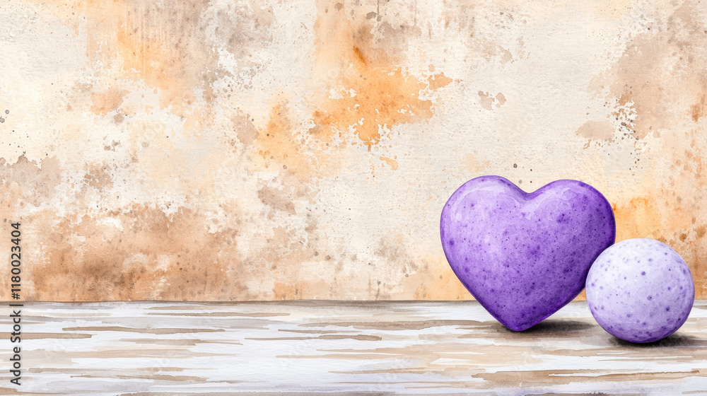 purple heart and sphere on rustic wooden surface, set against textured, warm toned background. This watercolor artwork evokes sense of love and tranquility. Valentines Concept purple heart and sphere on rustic wooden surface, set against textured, warm toned background. This watercolor artwork evokes sense of love and tranquility. Valentines Concept