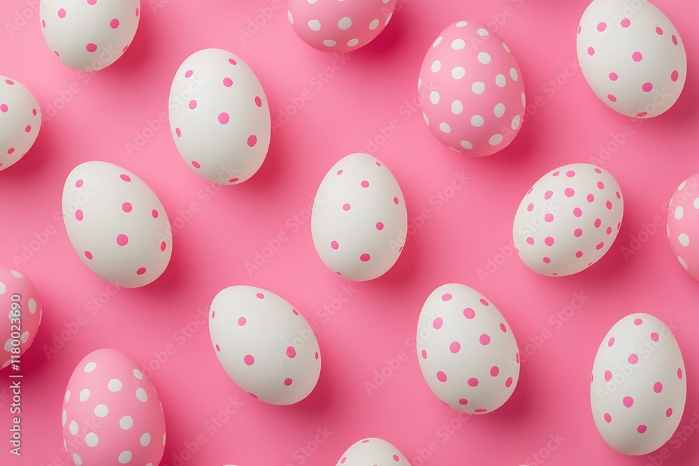 Pattern of pink and white polka dot Easter eggs on pink background Pattern of pink and white polka dot Easter eggs on pink background