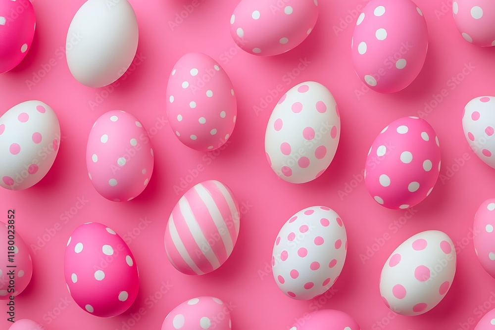 Pattern of pink and white polka dot Easter eggs on pink background Pattern of pink and white polka dot Easter eggs on pink background