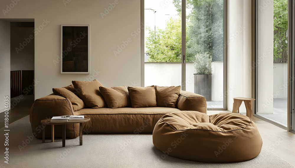 Fototapeta premium A modern living room features a tan couch and brown bean bag, perfectly arranged to create a harmonious and relaxing space -