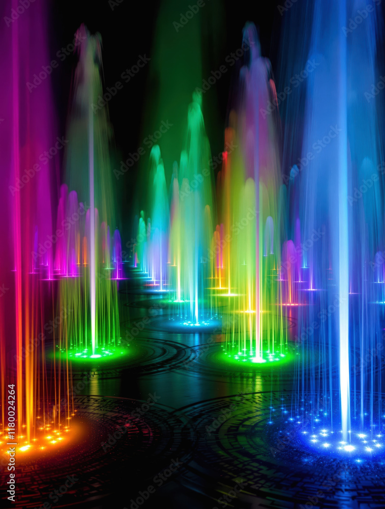 Vibrant Night Scene with Illuminated Water Fountains and Reflective Surfaces Vibrant Night Scene with Illuminated Water Fountains and Reflective Surfaces