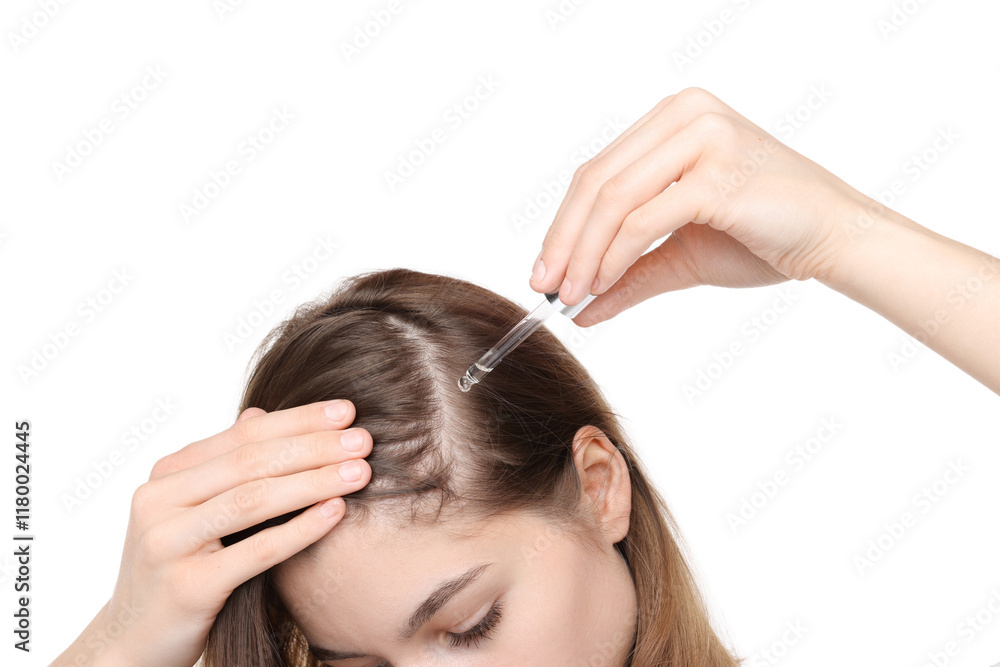 Hair loss problem. Girl applying serum onto hairline on white background, closeup Hair loss problem. Girl applying serum onto hairline on white background, closeup
