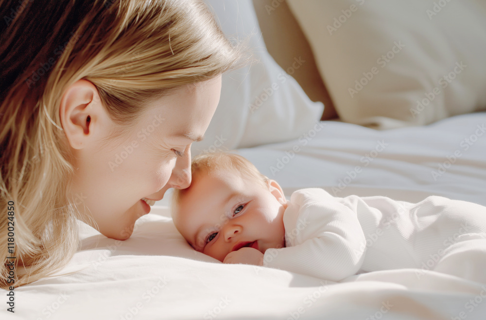 Caucasian female adult and baby in gentle bonding moment on bed Caucasian female adult and baby in gentle bonding moment on bed