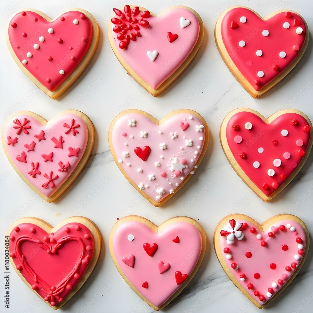 Heart-shaped sugar cookies with pink and red royal icing Heart-shaped sugar cookies with pink and red royal icing