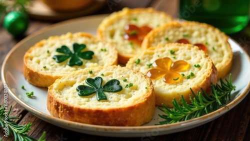 Plate of Irish soda bread pieces served with jam, butter and festive green decorations. Festive dinner, St. Patrick's Day party photo