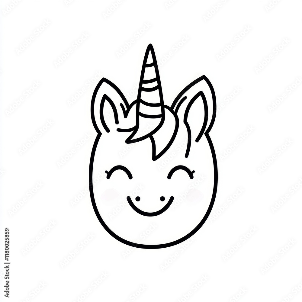 Minimalist black and white outline of a smiling unicorn face. Minimalist black and white outline of a smiling unicorn face.