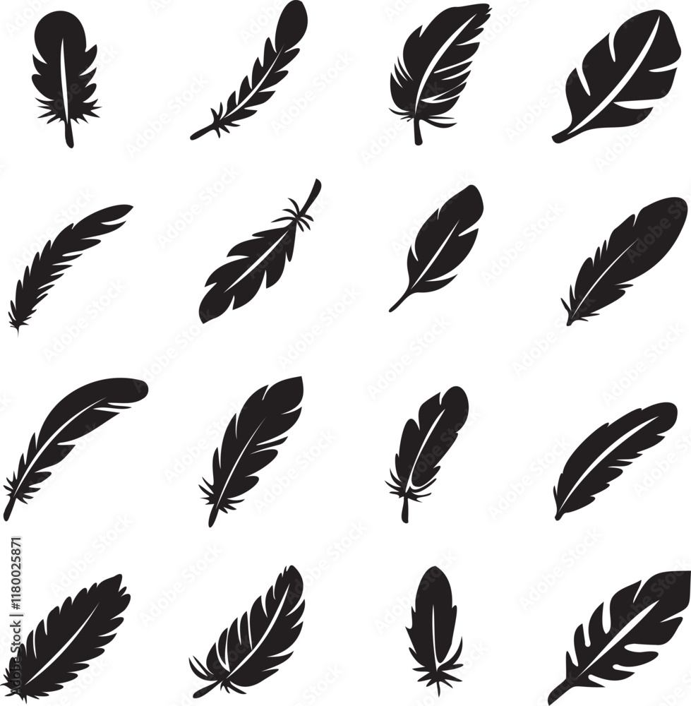 Collection of feather silhouette icons set black and white Collection of feather silhouette icons set black and white