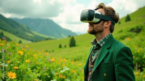 A man with VR glasses on a virtual walk: green fields are visible in the virtual world. St. Patrick's Day in the 21st century photo