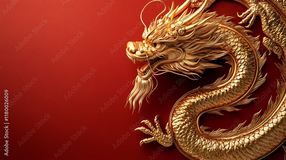 Obraz premium Golden dragon on red background with copy space