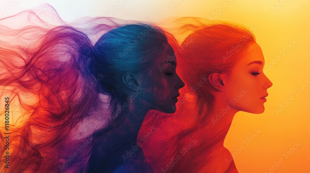Naklejka premium Image of transparent women of different colors superimposed on each other. Concept of International Women's Day. Transparent female silhouettes.