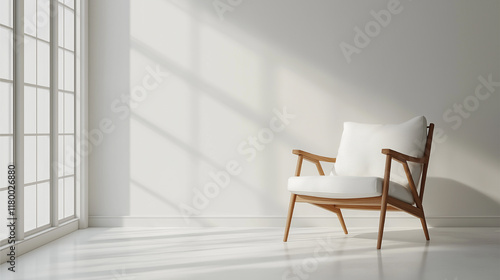 Minimalist White Room with Wooden Armchair -A bright, minimalist room featuring a mid-century modern wooden armchair with white cushions, bathed in natural sunlight.
