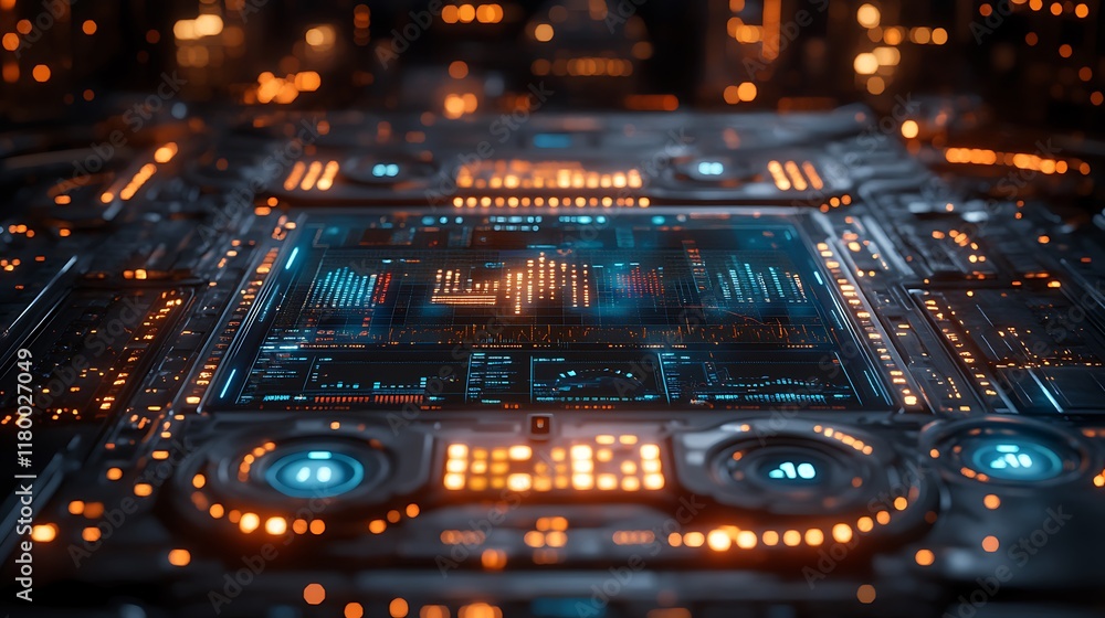 Obraz premium Advanced holographic user interface on high-tech surface display photos