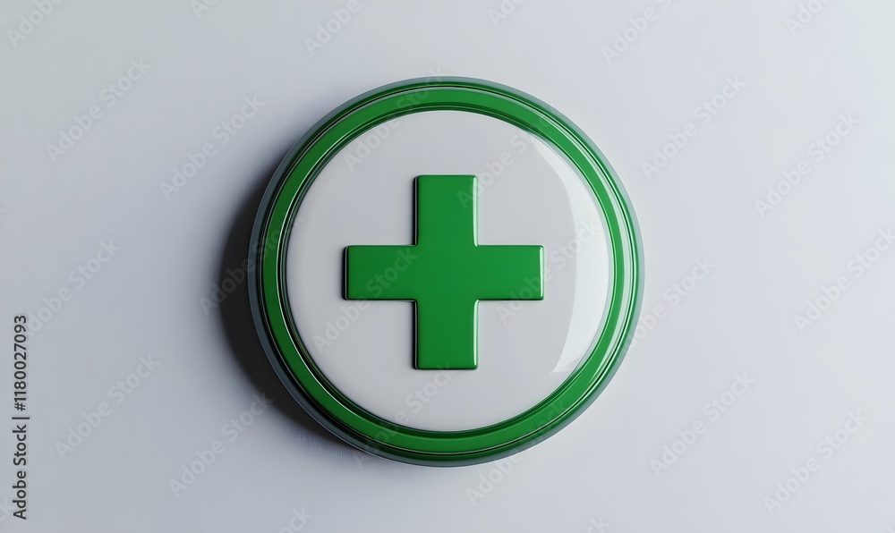 Obraz premium Green cross medical symbol on white button.