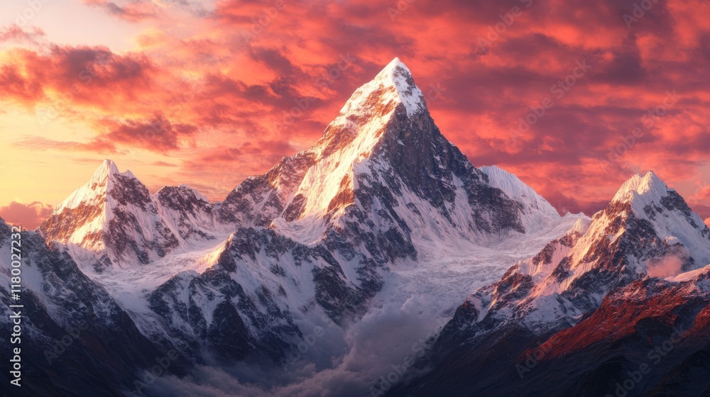 Obraz premium Majestic Snow-Capped Peaks at Fiery Sunset: A Dramatic Mountain Landscape