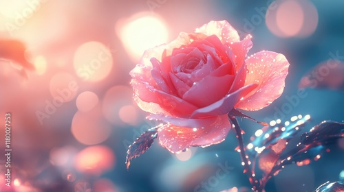 Close-up of a blooming rose on a beautiful light blue background with bokeh. Large pink rose on a background with space for text.