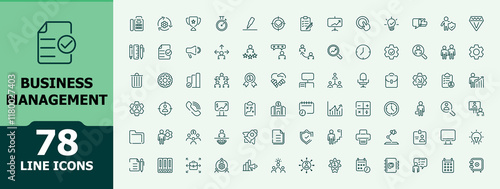 Business management line icons set. Icons bank, business, red, exchange, pay, manage and more. Minimalist outline icon. Editable vector icon and illustration.