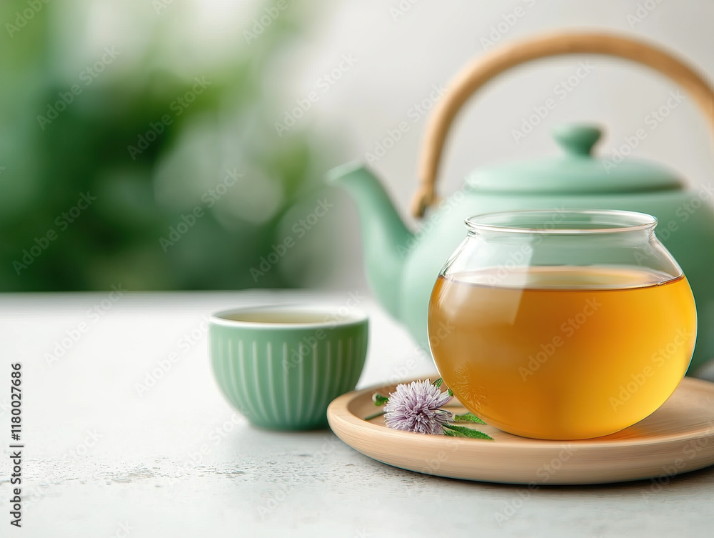 serene moment enjoying herbal tea with green teapot, glass cup, and clover flower serene moment enjoying herbal tea with green teapot, glass cup, and clover flower