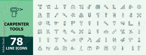Carpenter Tools icon collection. Containing handyman, house, industry, equipment, construct and more. Minimalist symbol. Editable vector stroke.