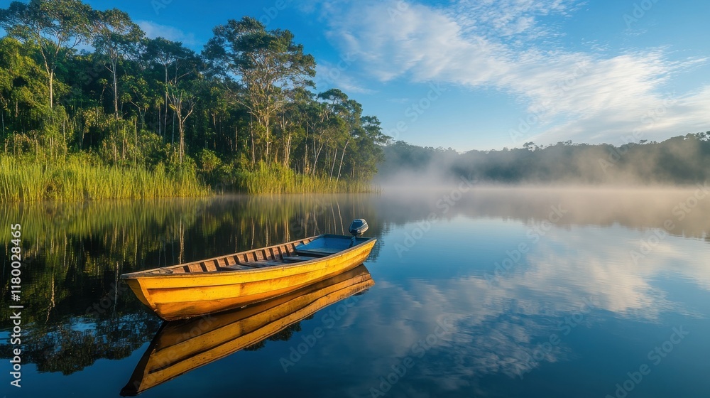 A serene wooden boat floating on a misty lake surrounded by lush forest at sunrise. A serene wooden boat floating on a misty lake surrounded by lush forest at sunrise.