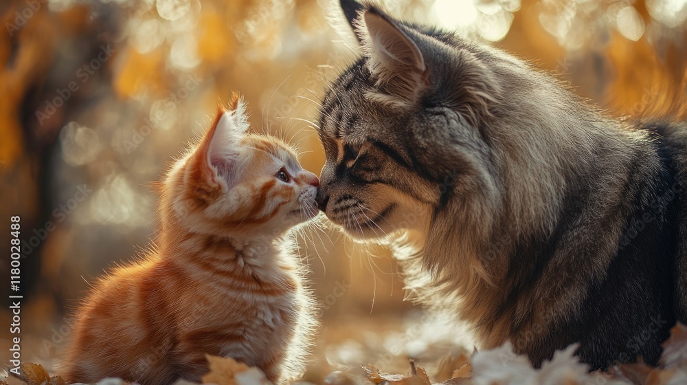 Obraz premium Friendship between cats. Cat and kitten hug peacefully, friendship between animals. Atmosphere of warmth, comfort and love.