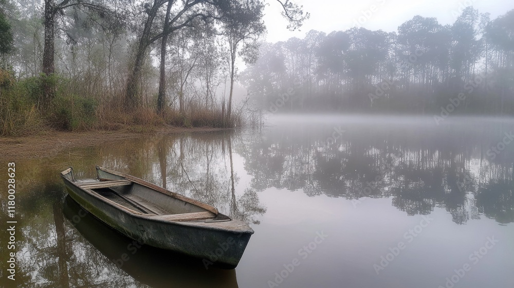 Obraz premium A solitary boat rests on a serene, misty lake surrounded by trees on a foggy morning.