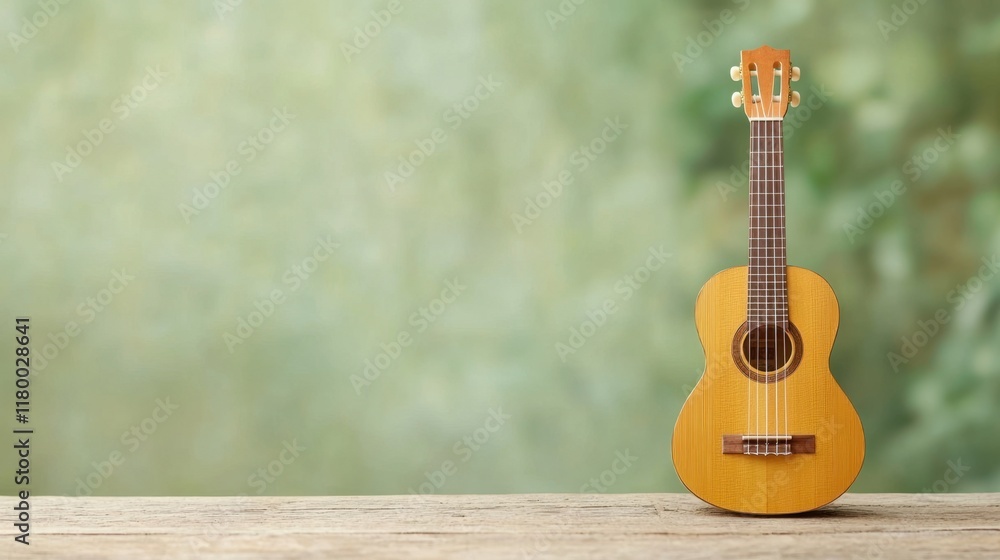 Naklejka premium Wooden ukulele on a rustic table with a blurred green background.