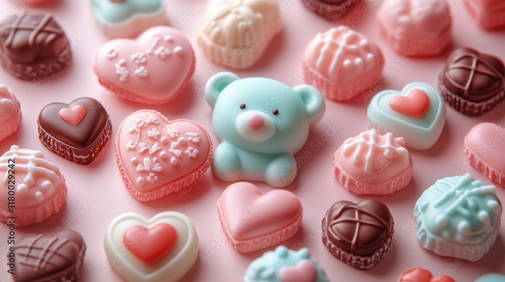 A delightful arrangement of pastel colored heart-shaped chocolates and a cute blue teddy bear-shaped candy on a soft pink background, creating a charming Valentine’s Day treat display. A delightful arrangement of pastel colored heart-shaped chocolates and a cute blue teddy bear-shaped candy on a soft pink background, creating a charming Valentine’s Day treat display.