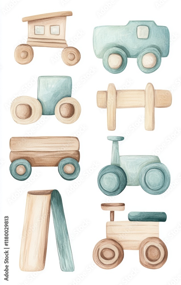Fototapeta premium Watercolor illustrations of wooden toy cars and trains with pastel colors and minimalist design.