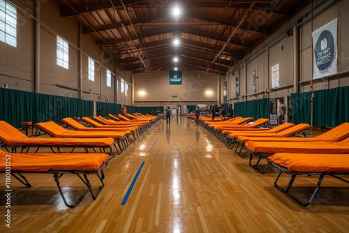 Temporary shelter with portable cots set up for disaster relief in a gymnasium photo