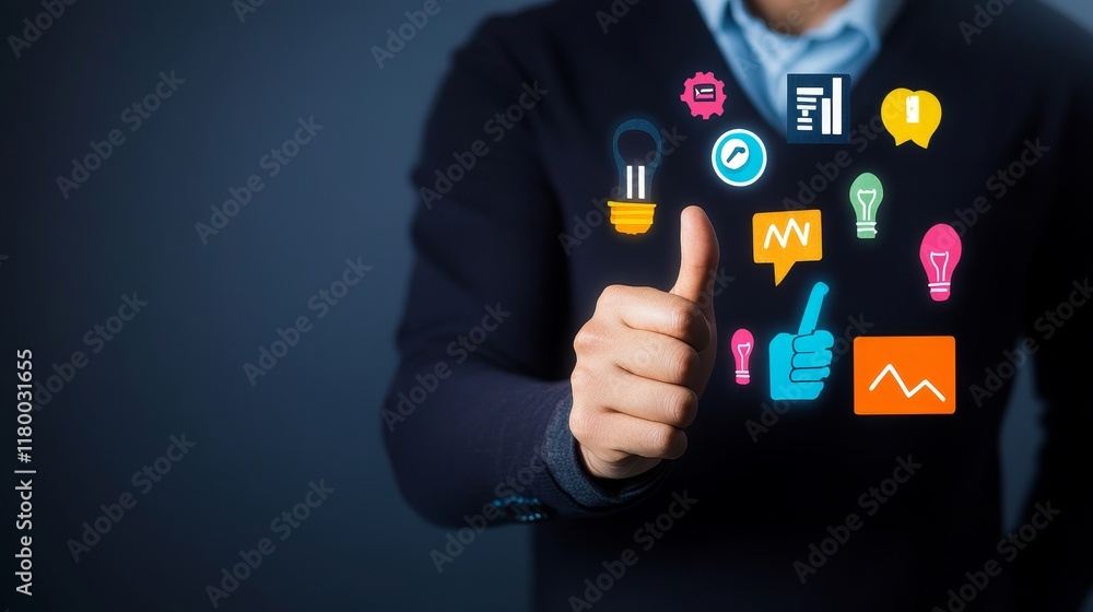 Businessman Using Digital Interface with Colorful Icons Representing Ideas, Data, and Communication for Innovative Solutions and Modern Technology Businessman Using Digital Interface with Colorful Icons Representing Ideas, Data, and Communication for Innovative Solutions and Modern Technology