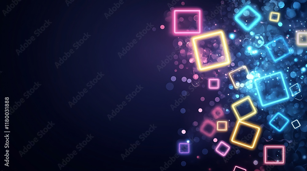 Abstract Neon Squares and Bokeh Lights Background