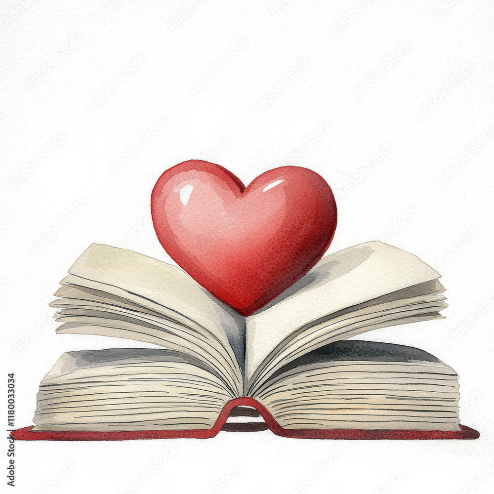watercolor painting of open book with red heart on top, symbolizing love for reading and knowledge. Valentines Concept watercolor painting of open book with red heart on top, symbolizing love for reading and knowledge. Valentines Concept