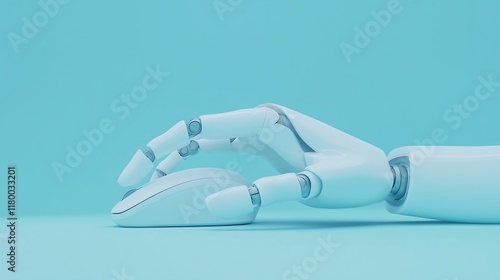 White robot hand using a computer mouse on pastel blue background.