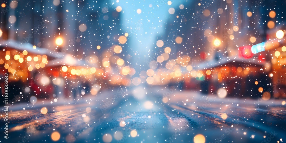 Obraz premium Blurred glowing lights on snowy city streets, creating a cozy wintery urban backdrop with warm and tranquil ambiance, style book illustration