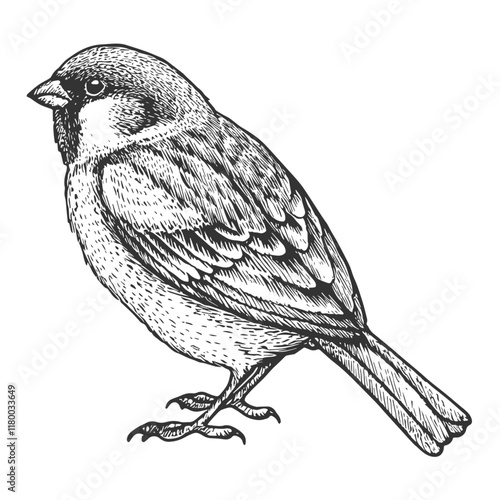 Sparrow Hand-Drawn Vector, Graphic Style, Cartoon Illustration, Black and White, Sketch Style, Isolated on White Background