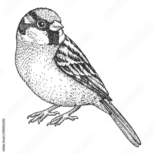 Sparrow Hand-Drawn Vector, Graphic Style, Cartoon Illustration, Black and White, Sketch Style, Isolated on White Background