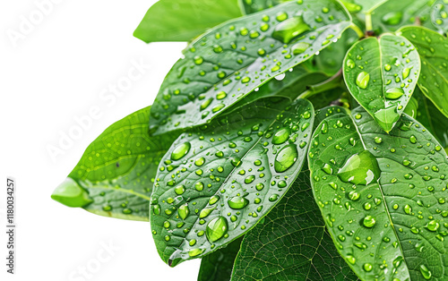 A close-up of raindrops on fresh green leaves in spring capturing nature beauty Isolated on Transparent Background PNG photo