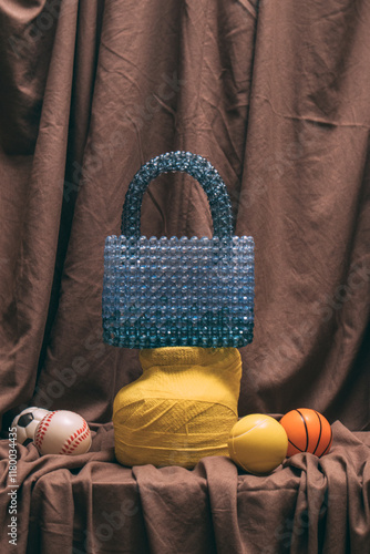 a blue beaded handbag on a textured yellow base photo