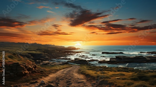 Tranquil Sunset Over Rocky Coastline with Scenic Pathway