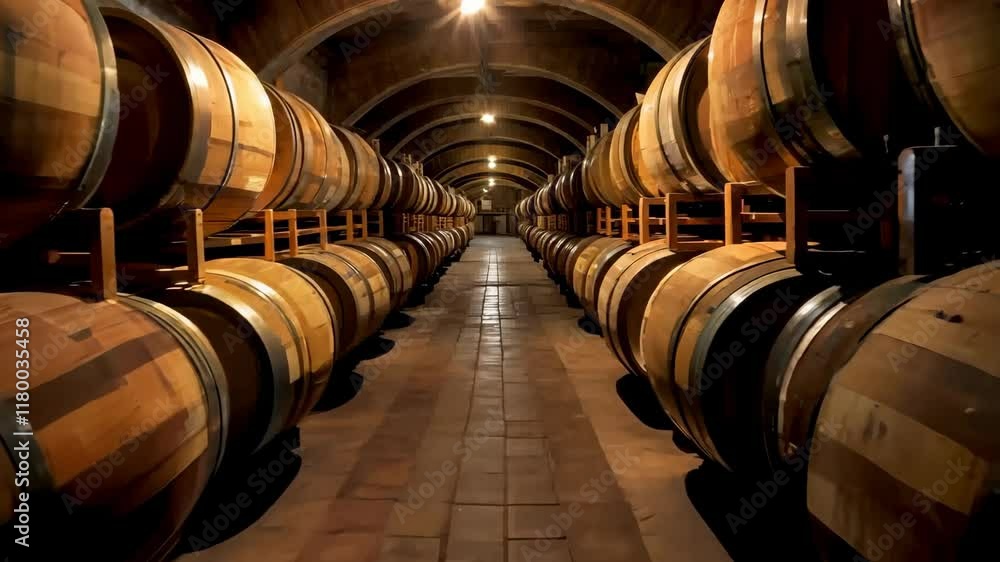 Rows of wooden wine barrels in a dimly lit cellar along a central pathway Rows of wooden wine barrels in a dimly lit cellar along a central pathway