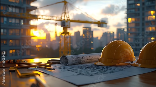 A constraction site with cranes and buildings. Blueprints and construction helmet in the foreground. 