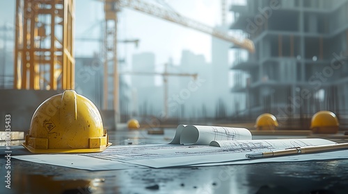 A constraction site with cranes and buildings. Blueprints and construction helmet in the foreground. 