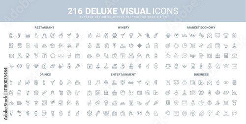 Market economy and money management, restaurant and winery menu, entertainment line icon set. Business, protection of wealth and income, economic growth thin black outline symbols vector illustration